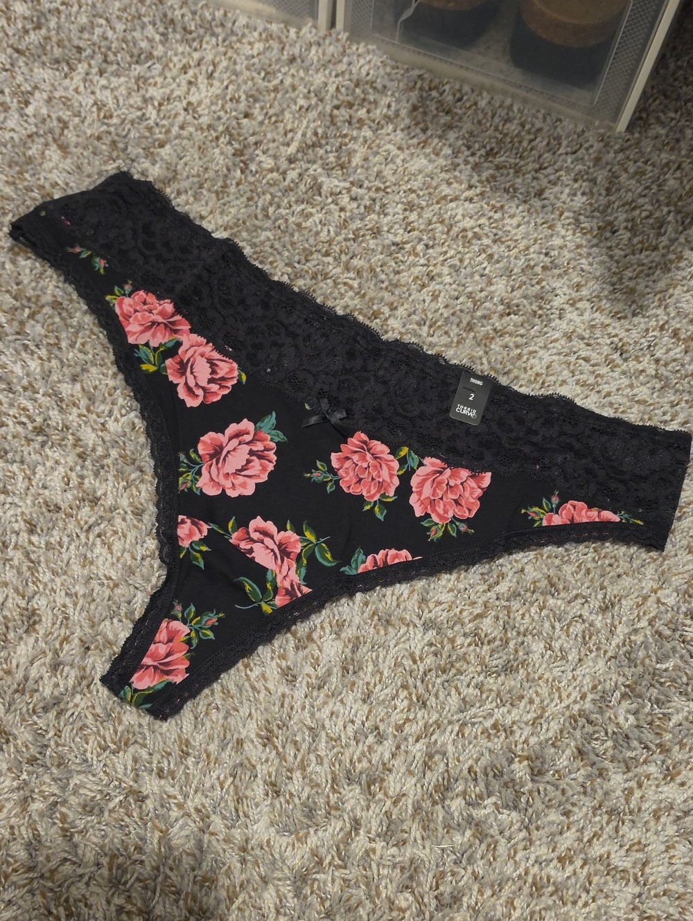 Lace-Trim Floral Thong Panty - Black with Pink Roses